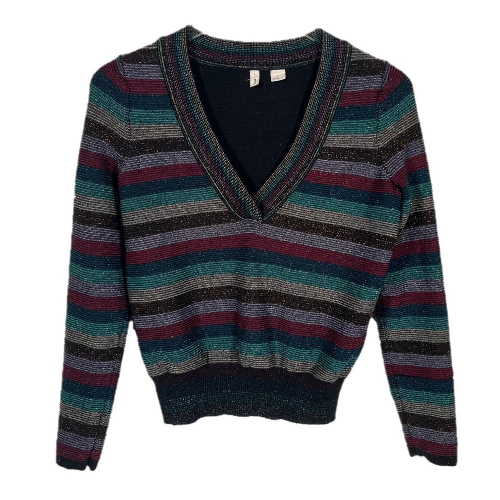 Anthropologie Moth Metallic Threads Striped V Neck Pullover Sweater Size XS